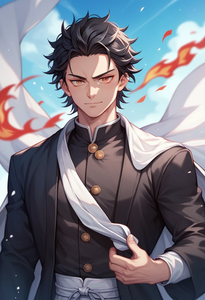 (masterpiece, best quality:1.2), solo, male focus, 1boy, male demon slayer, medium length black hair, demon slayer uniform, black jacket, long sleeves, white cape with flame designs along the bottom