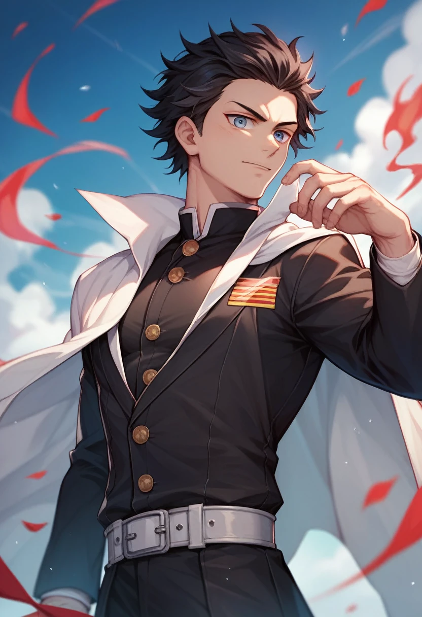 (masterpiece, best quality:1.2), solo, male focus, 1boy, male demon slayer, medium length black hair, demon slayer uniform, black jacket, long sleeves, white cape with flame designs along the bottom
