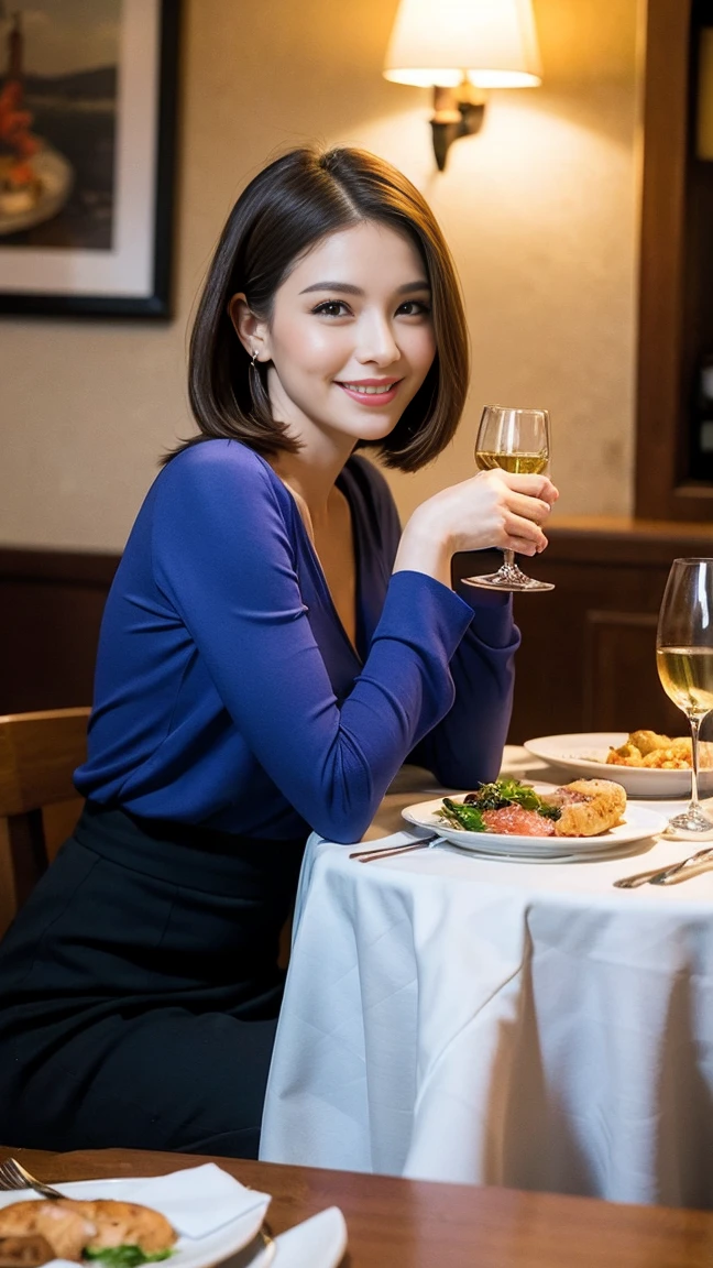 ((best quality、、masterpiece:1.3))、1 man 1 woman、Slim Lovers、beautiful couple、Smile、Full dinner、 (Thin face), (Slim body), (Brown hair), (shortcut), ((Bob Hale、Straight Hair:1.2)), テーブルの上のRed wine glass、Light up your face、 Magnificent view of sunset sky and clouds、Smile之美、The image is bright、blush, shortcut, (43 years old), 39 years old, appetizer、Italian food、Wine bottles、Champagne、Sparkling wine、Long-sleeved shirt、skirt、Glamorous beauty、Dining room, Nova Frog Style, actor, Model, Upper Body, Liquor, red wine, Red wine glass, 