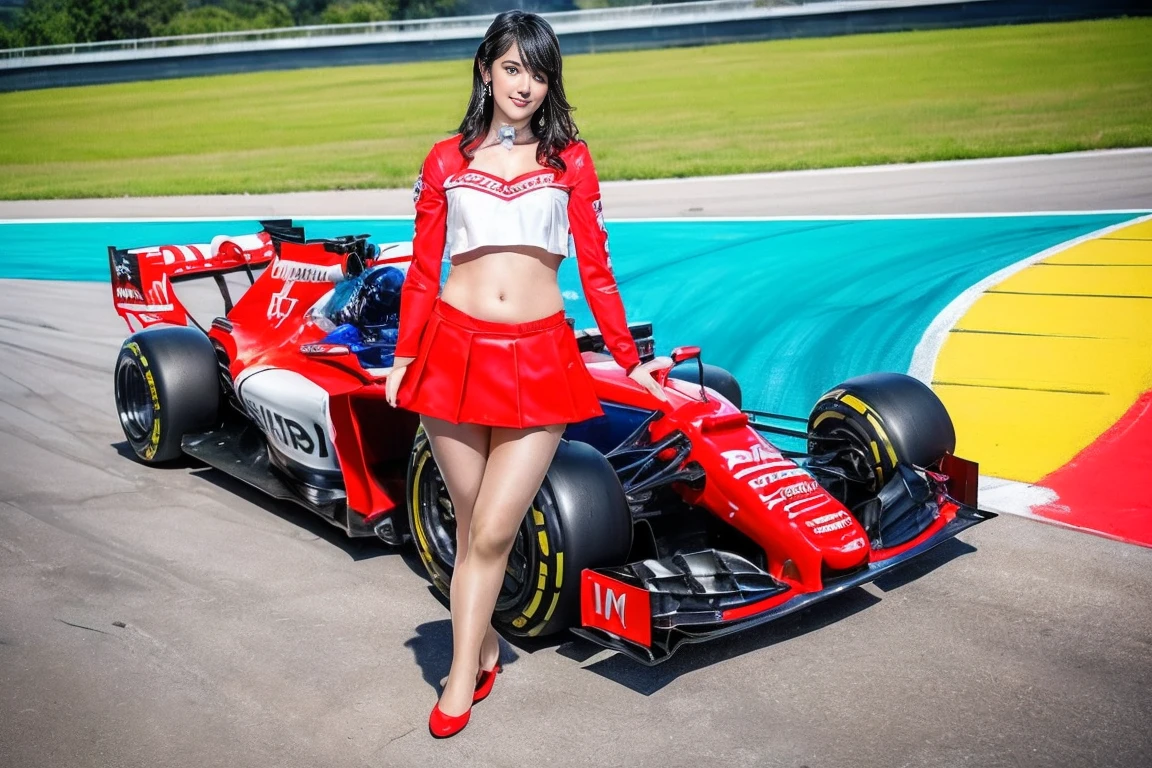 (masterpiece), ( MotoGP Racing Girls), ,(blush:0.5), Black Hair, A faint smile, beautifully繊細な少女を指す, Highly detailed eyes and face, beautifully繊細な目, , ((Event List)), (MotoGP track background), (Highest quality, High resolution, reality, original, 8k,masterpiece, ),(((Dynamic pose))),(((Center Perspective))),(((Show the underside of the chest ))),(((Red miniskirt lift))),(((Bare inner thighs))),(((F1 cars on display))), (Vibrant colors:1.2), (beautifully),