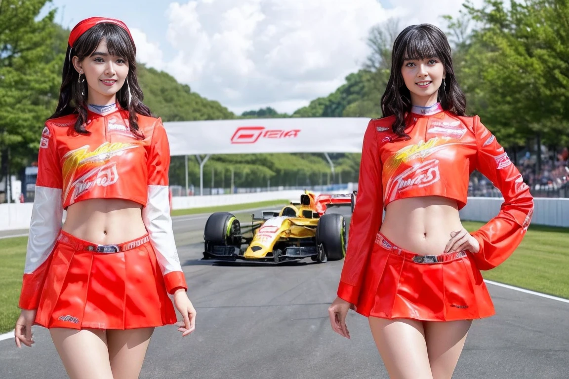 (masterpiece), ( MotoGP Racing Girls), ,(blush:0.5), Black Hair, A faint smile, beautifully繊細な少女を指す, Highly detailed eyes and face, beautifully繊細な目, , ((Event List)), (MotoGP track background), (Highest quality, High resolution, reality, original, 8k,masterpiece, ),(((Dynamic pose))),(((Center Perspective))),(((Show the underside of the chest ))),(((Red miniskirt lift))),(((Bare inner thighs))),(((F1 cars on display))), (Vibrant colors:1.2), (beautifully),