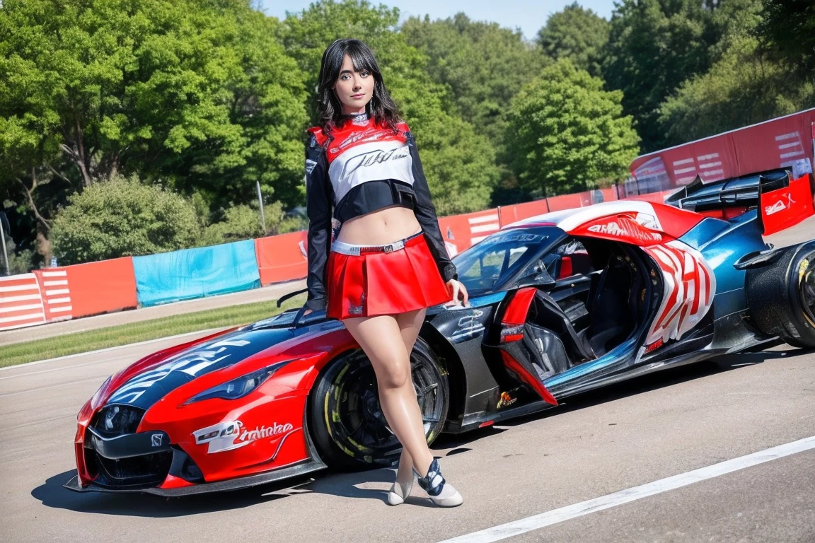 (masterpiece), ( MotoGP Racing Girls), ,(blush:0.5), Black Hair, A faint smile, beautifully繊細な少女を指す, Highly detailed eyes and face, beautifully繊細な目, , ((Event List)), (MotoGP track background), (Highest quality, High resolution, reality, original, 8k,masterpiece, ),(((Dynamic pose))),(((Center Perspective))),(((Show the underside of the chest ))),(((Red miniskirt lift))),(((Bare inner thighs))),(((F1 cars on display))), (Vibrant colors:1.2), (beautifully),