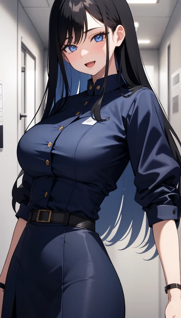 (masterpiece), (best quality), (ultra-detailed), ((girl, 29 years old)), an extremely delicate and beautiful, detailed eyes, minute details, (black hair, long hair, straight hair, hair between eyes), ((big breasts)), smile, open mouth, ((beautiful eyes)), (blue eyes), (upper body), she is wearing a blue dress, (detailed clothes), (detailed background, in a hospital, hospital hallway), (monochrome)