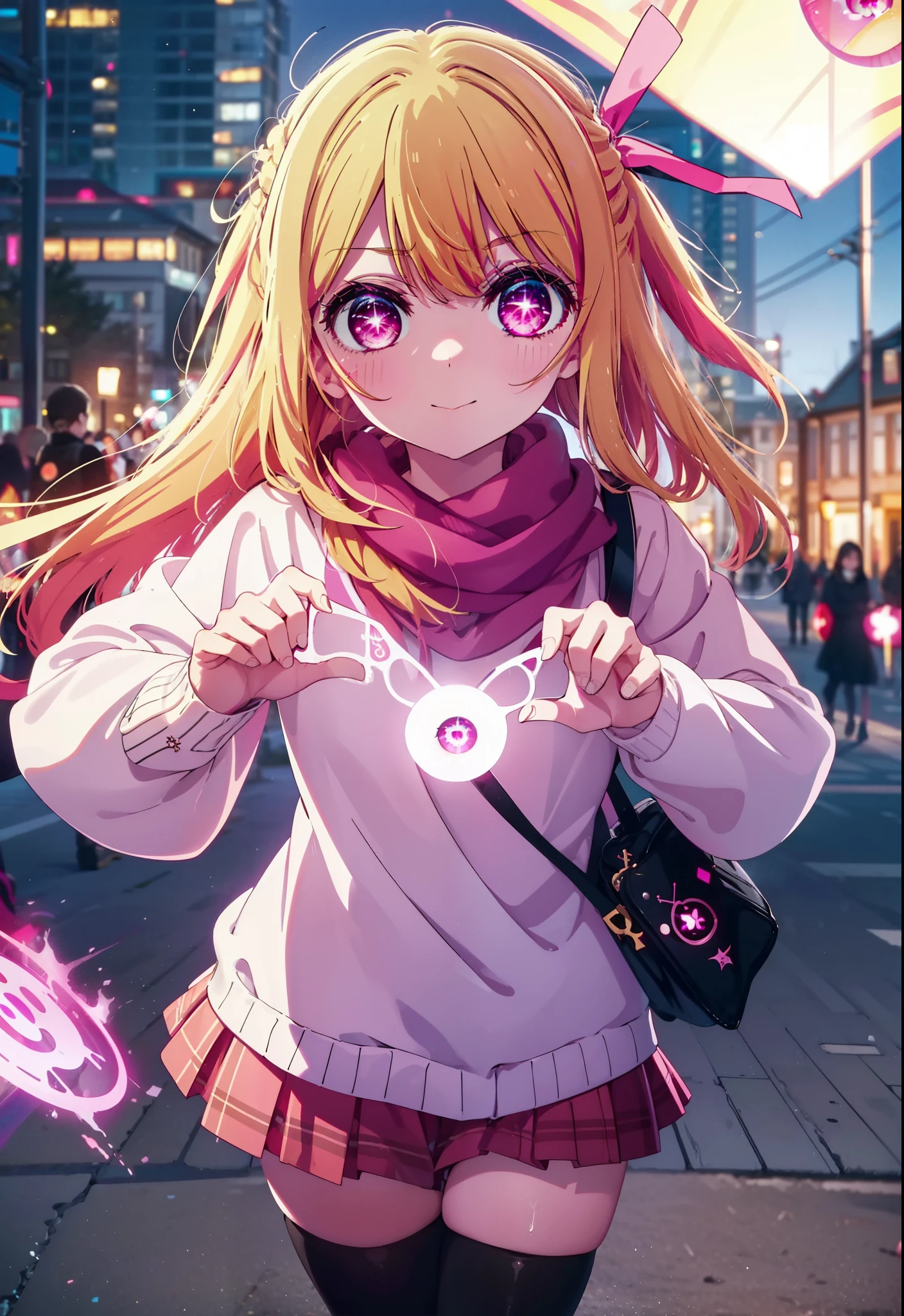 rubyhoshino, Ruby Hoshino, Long Hair, bangs, blonde, (Pink Eyes:1.3), (Symbol-shaped pupil:1.5), Multicolored Hair, Two-tone hair, smile,white breath,Knitted hat,Purple scarf,Red Sweater,Long skirt,Black Pantyhose,short boots,,Snow is piling up,it&#39;s snowing,whole bodyがイラスト入るように,
break outdoors, Area,
break looking at viewer, whole body,
break (masterpiece:1.2), Highest quality, High resolution, unity 8k wallpaper, (shape:0.8), (Beautiful attention to detail:1.6), Highly detailed face, Perfect lighting, Highly detailed CG, (Perfect hands, Perfect Anatomy),