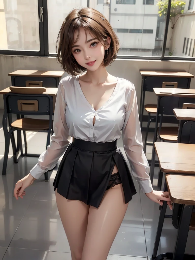 (masterpiece, Highest quality:1.4), (beautiful, beautiful, perfection, delicate, Complex:1.2), (cute, Adorable), (Depth of written border:1.2), (1 Girl, alone), colorful, Bright colors, perfection female form, perfection face, Glossy pink lips, Expressive eyes, eye shadow, eyeliner, smile, light brown colored hair, Short Hair, Glasses, Huge natural breasts, Narrow waist, (Sexy look:1.4), (white Shirt), Slightly transparent bra, (gray  Knee-length skirt), Shiny skin, sexy black ornate panties, sexy black ornate panties, sexy black ornate stockings, High heels, School, classroom, standing, Hold a textbook, Giddy Smile,