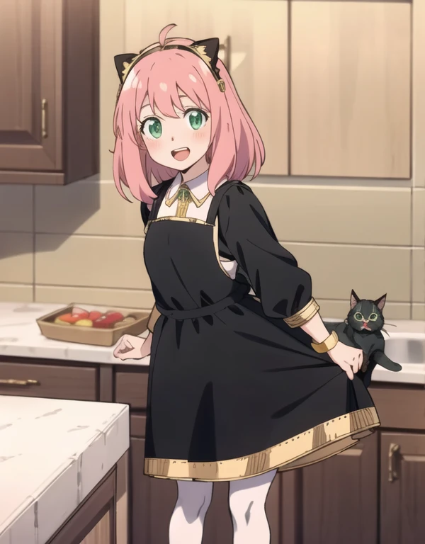 1girl, Imagine Anya Forger as an adult, Pink hair, green eyes, lukewarm smile, blushing cheeks, black dress with white collar, black tights, white apron, black and gold cat ears headband, high heels, indoors, kitchen, standing, leaning behind kitchen counter, looking at the viewer, open mouth
