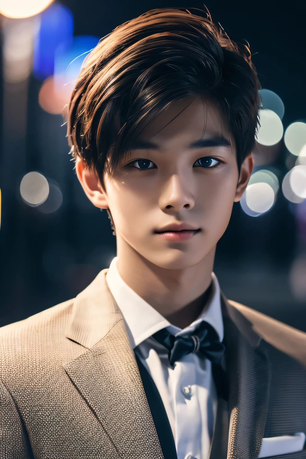 Highest quality, masterpiece, Ultra-high resolution, (Realistic: 1.4), Original photo, wallpaper, Head Photo, skin, Simple Background, Iris, detailed, Selfie, 1 boy, 18-year-old, good looking, Wind,Night view、suit