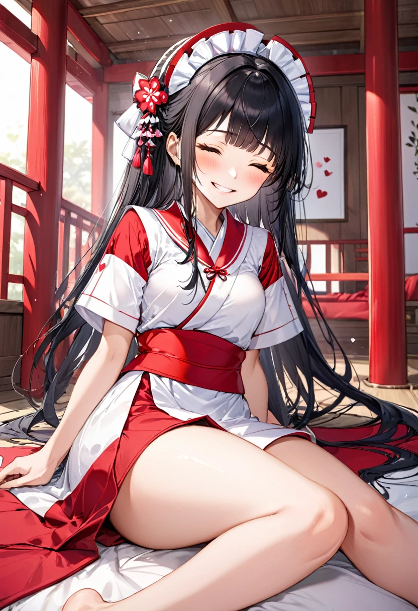 (Ladylike style) (sitting, spread legs), (crossed ankles:1.6), (soro:2, 15 yo, blunt bangs:1.3 black hair long hair sexy shrine maiden girl, sexy closed eyes, grin smile, love smile, glossy lip, medium tits), in a shrine maiden clothes, break, in the cute bedroom, BREAK, perfect anatomy, masterpiece, best quality, 16k, beautiful detailed grow, daydreaming expression.