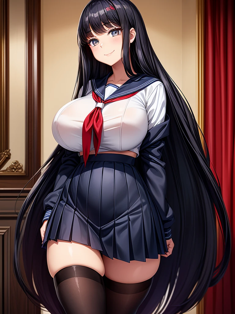Top quality, school, high school girl, beautiful face, beautiful eyes, beautiful woman, elegant face,  intelligent face, bewitching smile, beautiful glossy black hair, straight long hair, huge breasts, curvaceous beauty, narrow waist, , sailor suit , red ribbon tie, short navy pleated skirt, elegant behavior