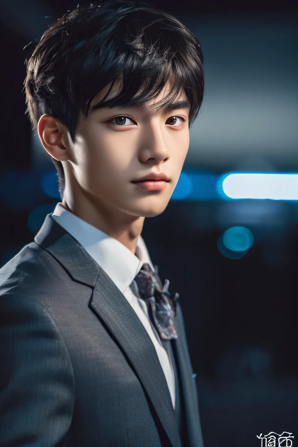 Highest quality, masterpiece, Ultra-high resolution, (Realistic: 1.4), Original photo, wallpaper, Head Photo, skin, Simple Background, Iris, detailed, Selfie, 1 boy, 18-year-old, good looking, Wind,Night view、suit