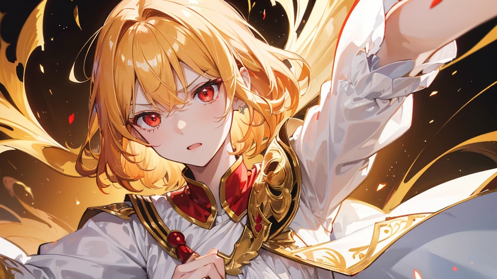 (Highest quality) (4K) (8k) (High resolution) (masterpiece:1.2) (Super detailed) One boy short hair emperor Red eyes Long sleeve Golden decoration Hair between the eyes White Dress Wavy golden hair Upper Body (White Background) front Face close-up Get angry