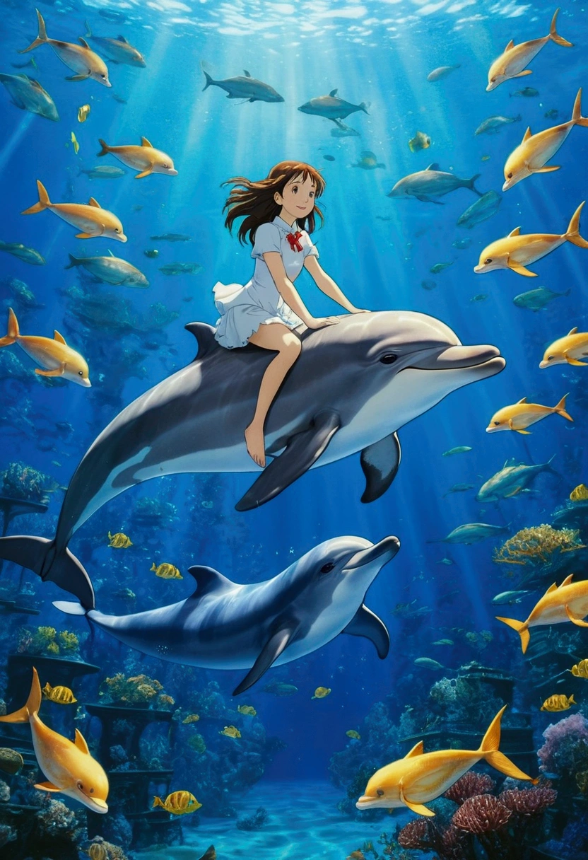 Ghibli　Underwater　Dolphin surrounded by fish　Girl riding a dolphin