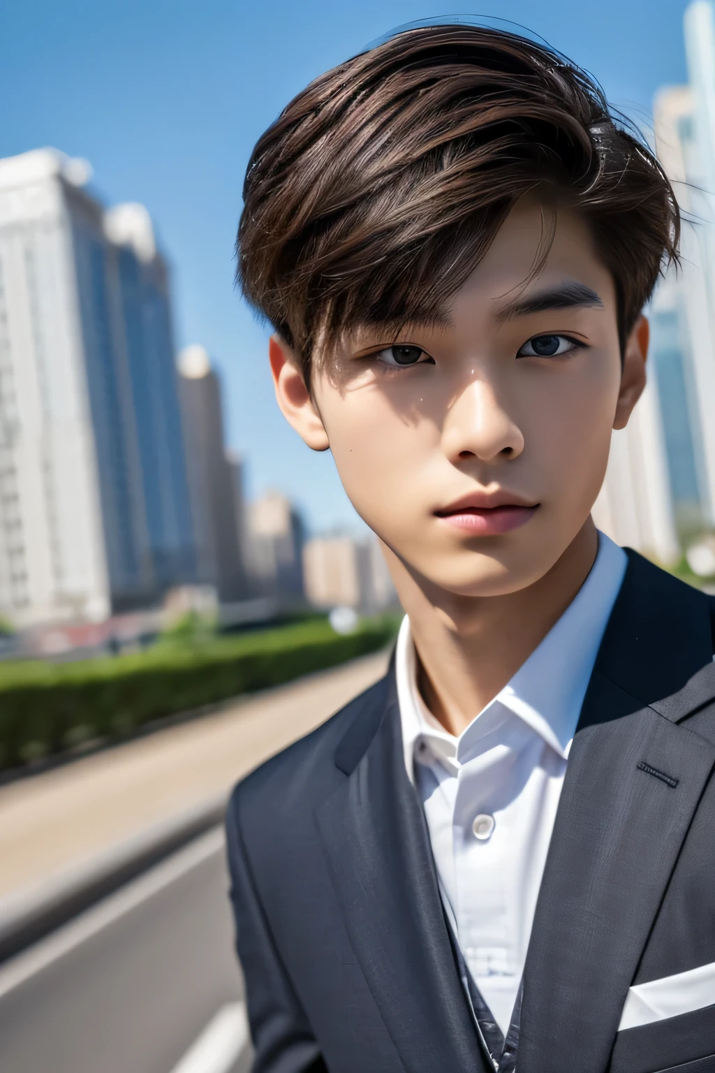 Highest quality, masterpiece, Ultra-high resolution, (Realistic: 1.4), Original photo, wallpaper, Head Photo, skin, Simple Background, Iris, detailed, Selfie, 1 boy, 18-year-old, good looking, Wind,suit、City