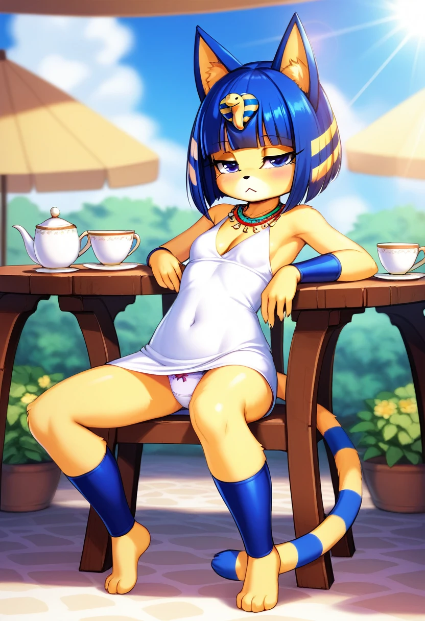[isaCrossing], [Isabelle; Animal Crossing], [Uploaded to e621.net; (Pixelsketcher)], kemono, dagasi, solo female ankha \(animal crossing\) with ((tiny and short body with yellow fur)), ((cute body)), (full body), (blue hair), (blue eyes), (half closed eyes), (yellow and blue striped cat tail), ((anthro furry)), ((wearing a short tight white dress:1.4)), (cute white panties), (cleavage), (egyptian necklace), ((small breasts)), (detailed fluffy fur), (front view), (holding a teacup), (sitting on chair), (slightly open legs), (seductive pose), (relaxed expression), (detailed background, outdoors, garden background, tea table, depth of field, half body shadow, sunlight, ambient light on the body), (intricate:1), (high detail:1.3), (unreal engine:1.2), (soft focus:1.15), [explicit content, questionable content], (masterpiece, best quality, 4k, 2k, shaded, absurd res)