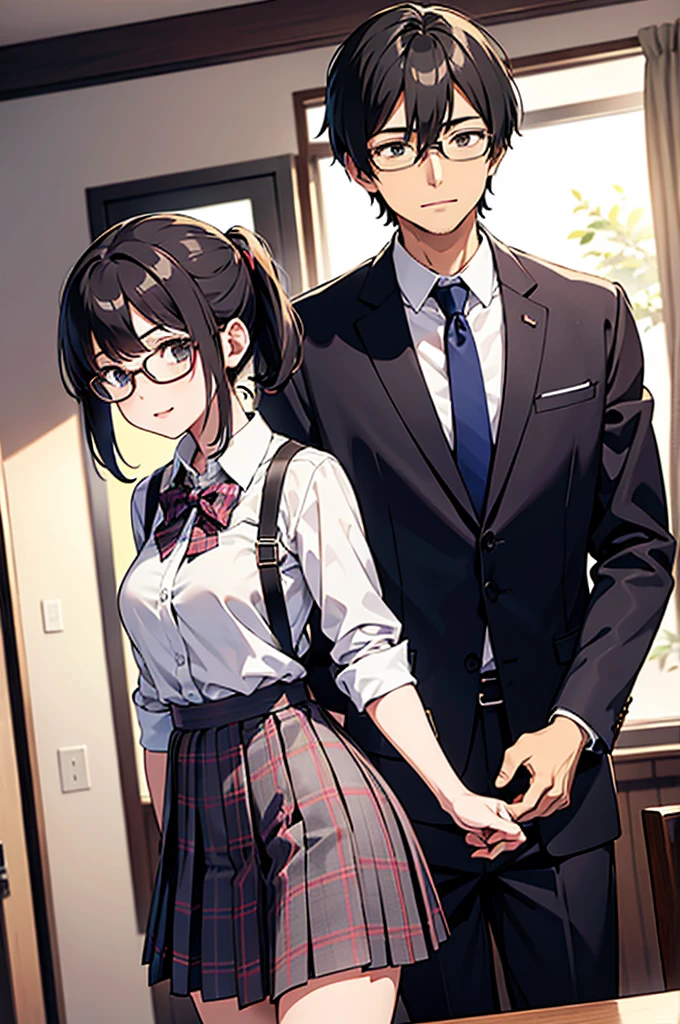 masterpiece, anime image of a man and a woman in a room,, , couple pose, a woman is bra and skirt and glasses and gray Plaid pleated skirt, 