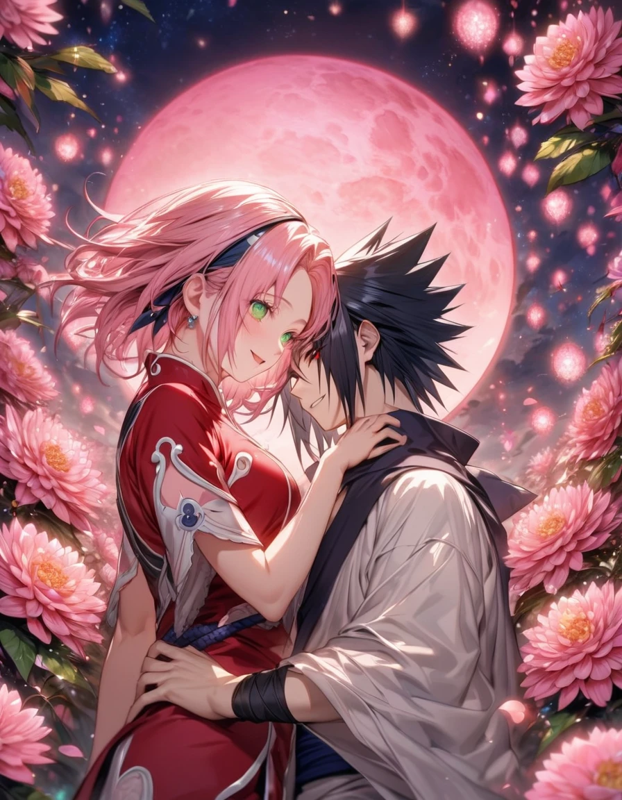 absurdres, highres, ultra detailed, HDR, master piece, best quality, extremely detailed, Uchiha Sasuke, black hair, expressive red eyes, Naruto Shippuden, Haruno Sakura, pink hair, expressive green eyes, handsome man together with a beautiful woman, couple, smile, white shirt, red shirt, fantasy, sparkling, pink glittering fireflies, pink moon, pink blossoms, pink chrysanthemums, pink sparkling lights, starry sky, magical