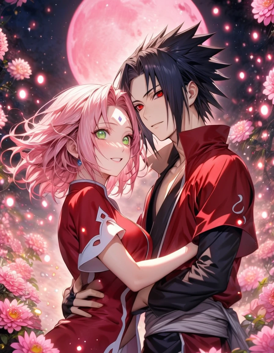 absurdres, highres, ultra detailed, HDR, master piece, best quality, extremely detailed, Uchiha Sasuke, black hair, expressive red eyes, Naruto Shippuden, Haruno Sakura, pink hair, expressive green eyes, handsome man together with a beautiful woman, couple, smile, white shirt, red shirt, fantasy, sparkling, pink glittering fireflies, pink moon, pink blossoms, pink chrysanthemums, pink sparkling lights, starry sky, magical