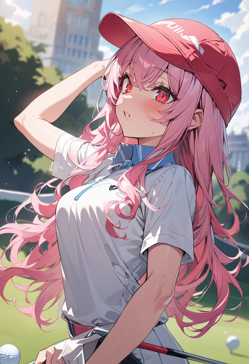 rabbit girl, anime, long hair, pink hair, red eyes, golf sports.detailed eyes, ultra detailed, high quality, vibrant colors,