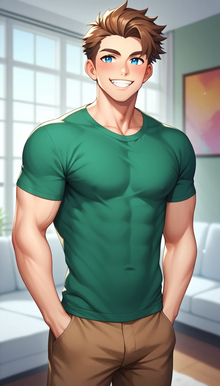 1 man, brown hair, blue eyes, white skin, solo, shoulder length hair, lean, sharp jawline, handsome, broad shoulders, tall, almond-shaped eyes, loose green button-up shirt, brown pants, kind smile, hands in pockets, living room, slight blush,
