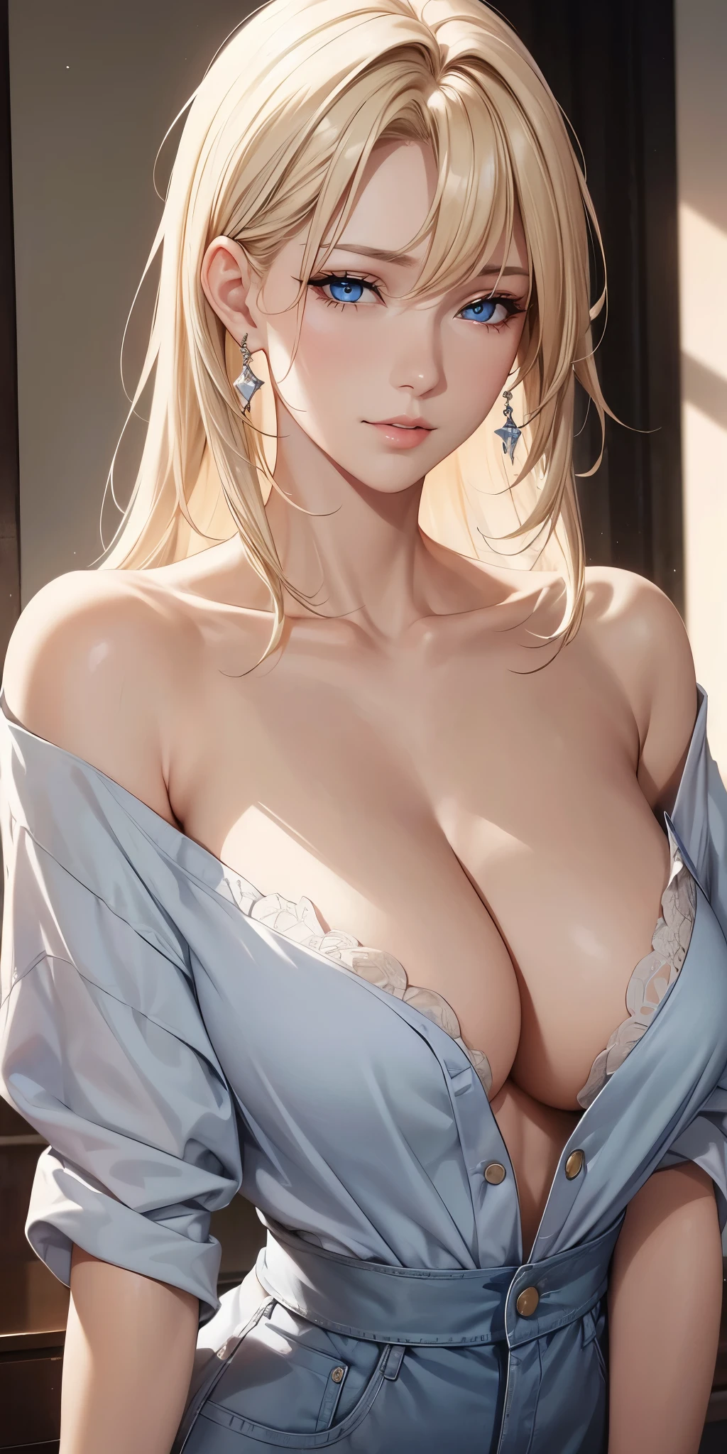 Elegant mature woman, milf, blue eyes, blonde hair, soft light, 4k resolution, high quality, beautiful cg