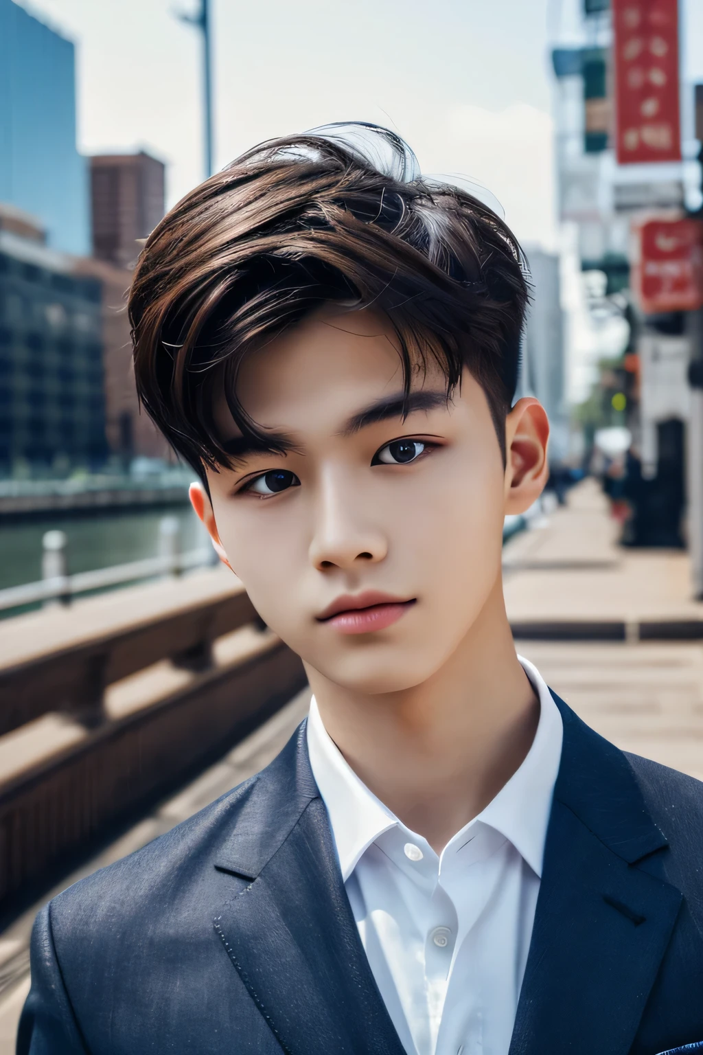Highest quality, masterpiece, Ultra-high resolution, (Realistic: 1.4), Original photo, wallpaper, Head Photo, skin, Simple Background, Iris, detailed, Selfie, 1 boy, 18-year-old, good looking, Wind,suit、City