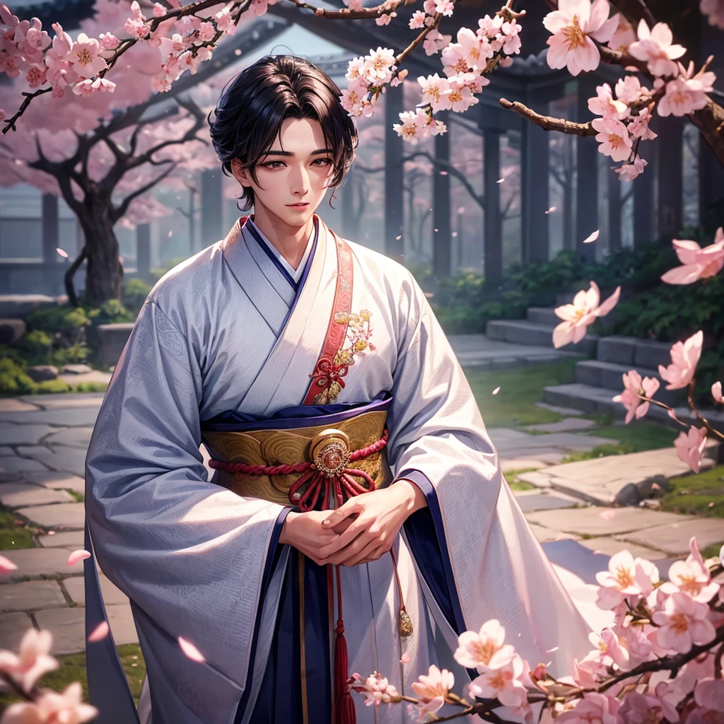 a handsome young man, beautiful detailed eyes, beautiful detailed lips, extremely detailed face and features, longeyelashes, wearing a traditional korean hanbok, intricate detailed embroidery on the hanbok, standing in a traditional korean garden with cherry blossom trees, soft lighting, cinematic composition, highly detailed, photorealistic, award winning digital art, 8k, masterpiece