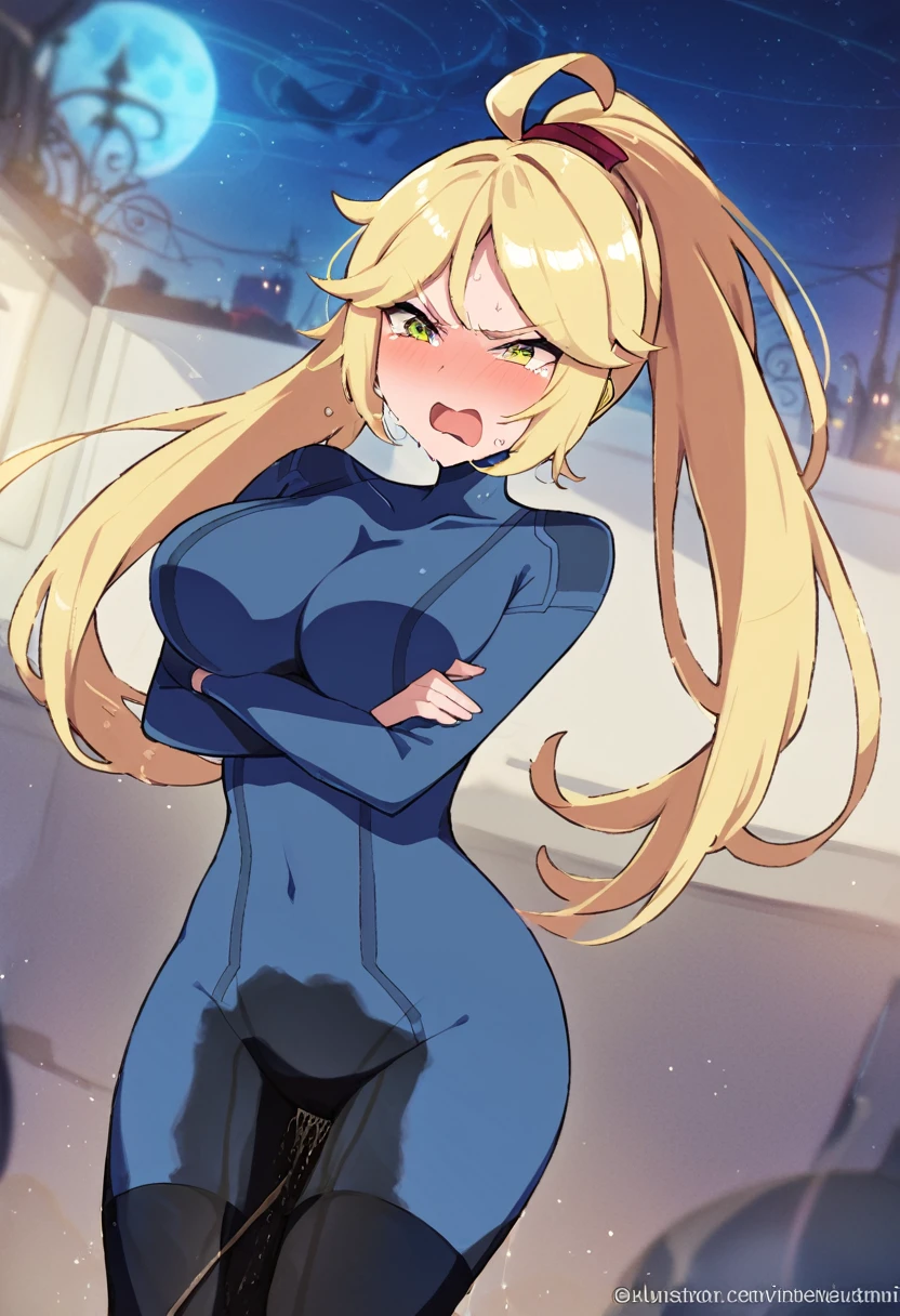 (high quality,Very detailed:1.37, High resolution), Woman, defSamus, blonde hair, bodysuit, blue clothes, blue pants, high heels, large breasts, (wetting herself:2.0), standing, (arms crossed:1.5), (embarrassed:1.5), (humiliation:1.5), (angry:1.25), (blushing:1.5), open mouth, Meticulous details, (extremely detailed eys:1.37), A moonlit sky with a futuristic hue