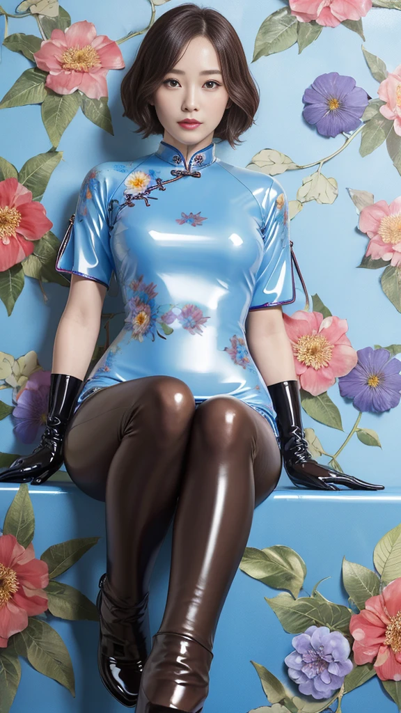 (masutepiece:1.0), (Best Quality:1.4), (A high resolution:1.2), (Photorealistic:1.4),(from below:1.5), (8K, Raw photo:1.2), (Soft Focus:1.4),There is a girl wearing cheongsam who is sitting in the shop and taking pictures.............................................................,full body lesbian, She is wearing a cheongsam, BREAK,She is wearing a cheongsam ,BREAK,(latex skyblue cheongsam printed flower pattern:1.4),Slime skin,BREAK, smooth tight ,( the matte leather brown gloves:1.4),BREAK, translucent skin,Latex, Translucent body,latex shiny, The perfect gloves for your skin,bob hair, shiny reflective,gal make up,goddess of Japan, Glossy skin,gorgeous japanese model,Tecateca,shiny,Slimy,(latex skyblue pencil skirt printed flower pattern:1.3),close up,detailed background,in the shop