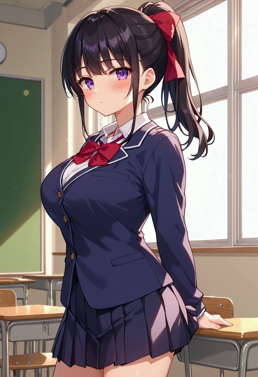 score_7_up, score_6_up, source_anime, anime screencap, 1girl, black hair, ponytail, purple eyes, large breasts, school, student, shirt, skirt, red ribbon, looking at viewer, standing, blush