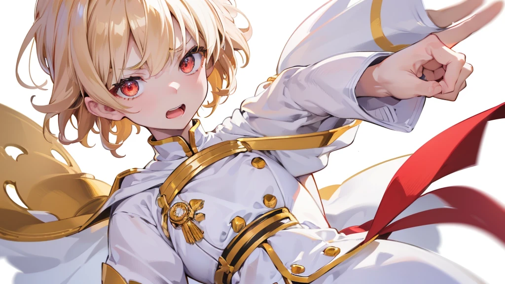 (Highest quality)　(4K)　(8k)　(High resolution)　(masterpiece:1.2)　(Super detailed)　One boy　short hair　emperor　Red eyes　Long sleeve　Golden decoration　Hair between the eyes　White Dress　Wavy golden hair　Upper Body　(White Background)　front　Face close-up　Get angry