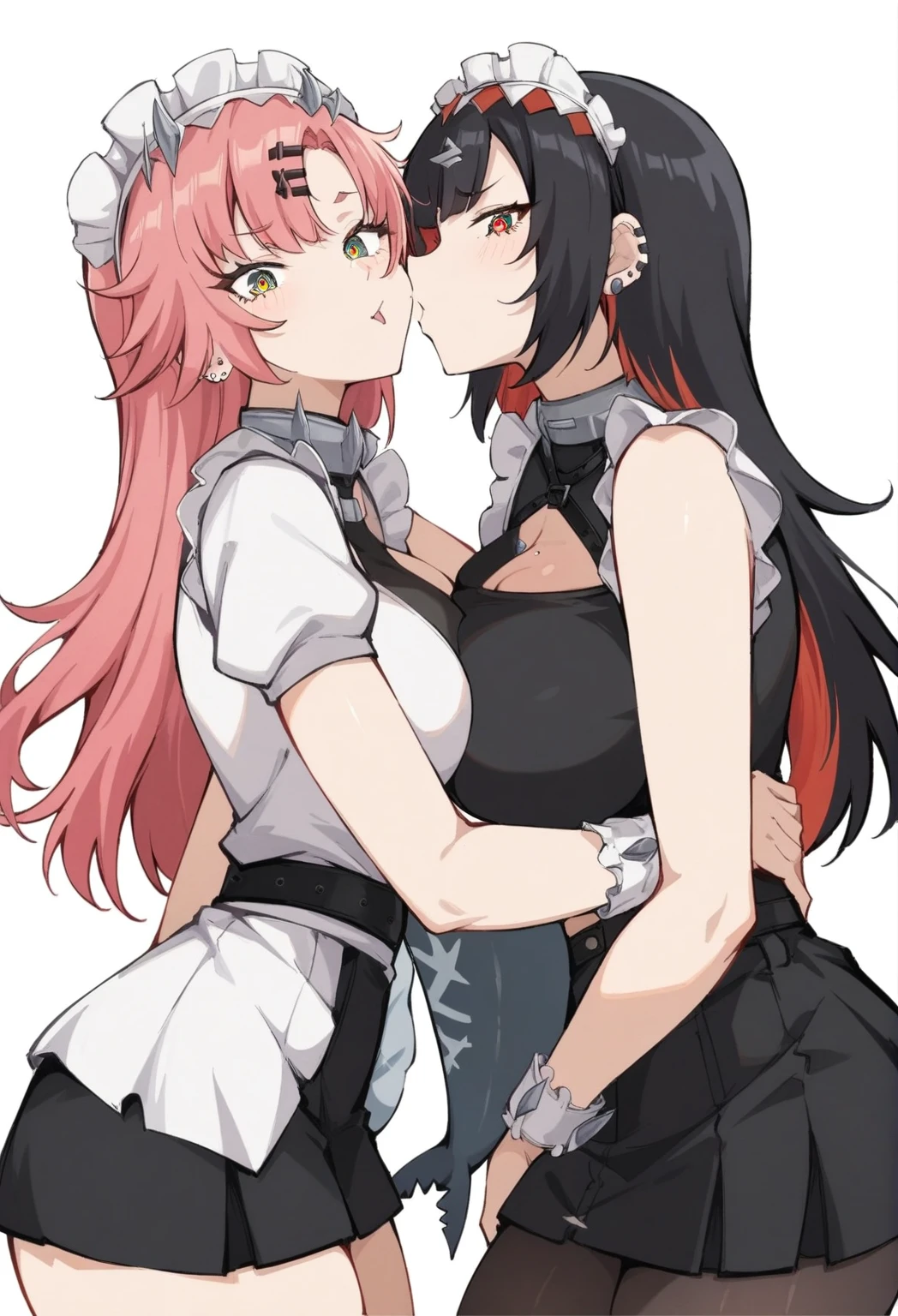 two woman kissing, 8k, best quality, masterpiece, (ultra-detailed:1.1), (one green eye:1.3), (high detailed skin), (full body:1.2), white background, standing, looking at viewer, (solo:1.4), hand on hip, nike, 1girl, large breasts, hair ribbon, twintails, pink hair, tube top, midriff, black shorts, (single thighhigh:1.2), (white background, simple background:1.4), ( good hands, nice hands:0.5), (beautiful_face), ((intricate_detail)), clear face, ((finely_detailed)), fine_fabric_emphasis, ((glossy)), full_shot, ellenjoe, ellen joe, black hair, colored inner hair, multicolored hair, (one red eye:1.3), red hair, short hair, two-tone hair, BREAK bapron, black pantyhose, black shirt, black skirt, ear piercing, fins, fish tail, maid, maid apron, maid headdress, pantyhose, piercing, puffy short sleeves, puffy sleeves, shark girl, shark tail, shirt, short sleeves, skirt, tail, two-tone hair, wrist cuffs, BREAK outdoors, city, sky, clouds, sun, park BREAK looking at viewer, (cowboy shot:1.5), BREAK (masterpiece:1.2), best quality, high resolution, unity 8k wallpaper, (illustration:0.8), (beautiful detailed eyes:1.6), extremely detailed face, perfect lighting, extremely detailed CG, (perfect hands, perfect anatomy)