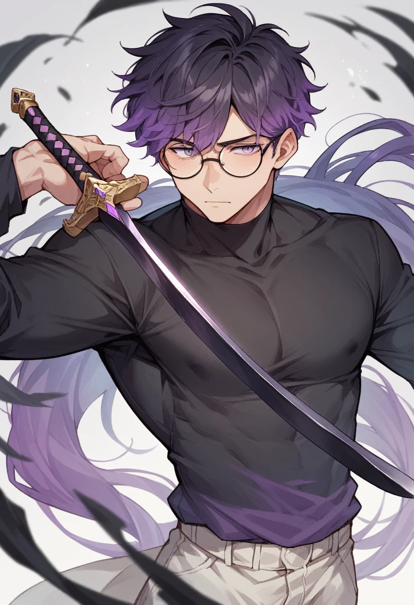 アニメ, high qualiy, white male, Scrawny,purple gradient hair, black round dark glasses, black long sleeve shirt, black sword