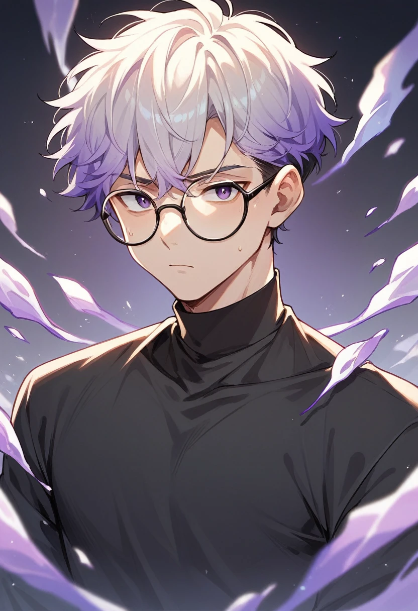 アニメ, high qualiy, white male, Scrawny,purple gradient hair, black round dark glasses, black long sleeve shirt, black sword