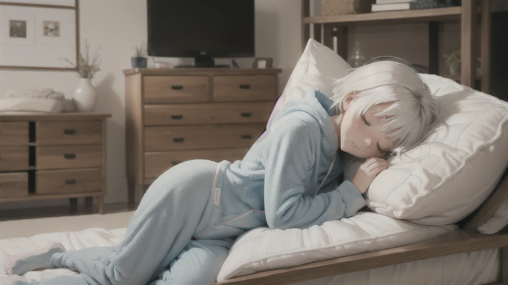 an anime image of a small boy with white hair wearing a thick diaper underneath fox hoodie-footie pjs, hoodie-footie pjs, (sleeping,crib), nursery, 1boy, adorable, masterpiece, extremely detailed, beautiful eyes, sharp focus, vivid colors, studio lighting, (intricate details,soft textures,cozy atmosphere,high quality 1,5), hood down,