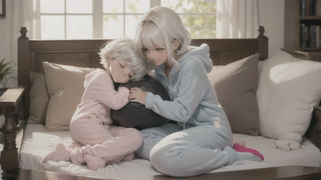 an anime image of a small boy with white hair wearing a thick diaper underneath fox hoodie-footie pjs, hoodie-footie pjs, (sleeping,crib), nursery, 1boy, adorable, masterpiece, extremely detailed, beautiful eyes, sharp focus, vivid colors, studio lighting, (intricate details,soft textures,cozy atmosphere,high quality 1,5), hood down,