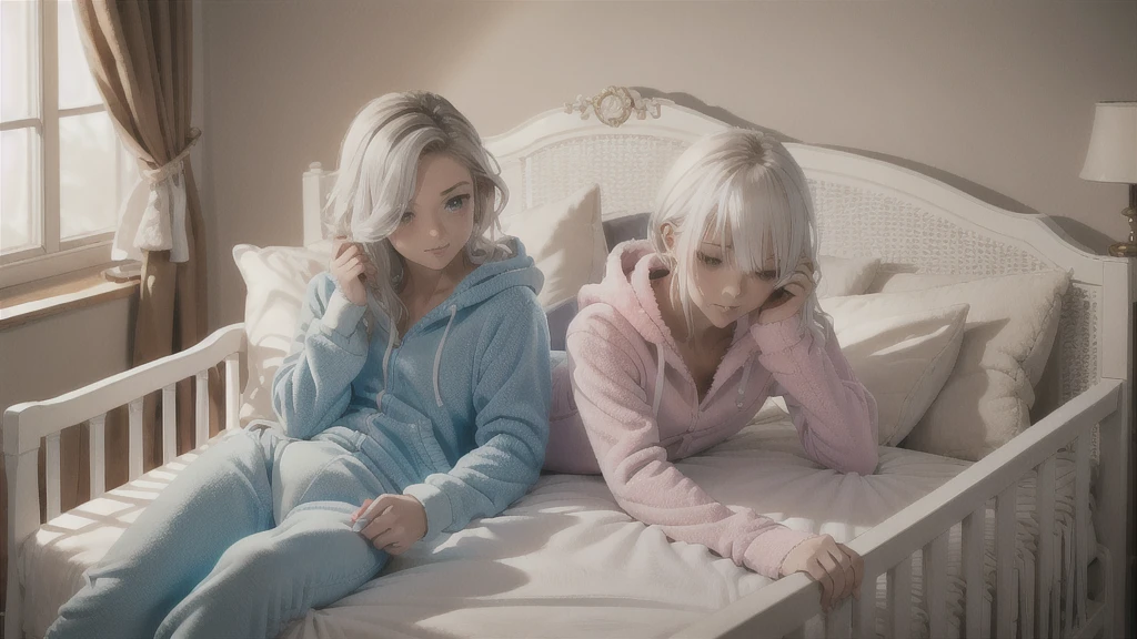 an anime image of a  boy with white hair wearing a thick diaper underneath fox hoodie-footie pjs, hoodie-footie pjs, sleeping in a crib, nursery, (1boy), adorable, masterpiece, extremely detailed, beautiful eyes, sharp focus, vivid colors, studio lighting, intricate details, soft textures, cozy atmosphere, high quality, hood down,
