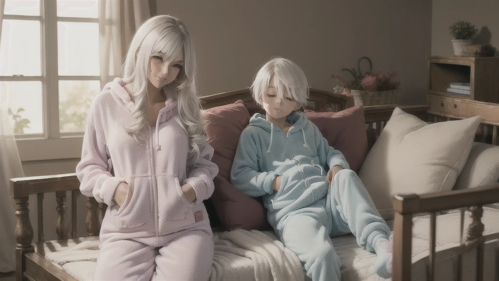 an anime image of a  boy with white hair wearing a thick diaper underneath fox hoodie-footie pjs, hoodie-footie pjs, (sleeping,crib), nursery, 1boy, adorable, masterpiece, extremely detailed, beautiful eyes, sharp focus, vivid colors, studio lighting, (intricate details,soft textures,cozy atmosphere,high quality 1,5), hood down,