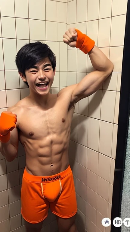 Japanese men、、Muscles and smooth skin、Very short black hair、A relaxed and friendly smile、Orange thin boxer briefs、The whole body is well visible、Fist pump in the bathroom、Laughing with mouth open、