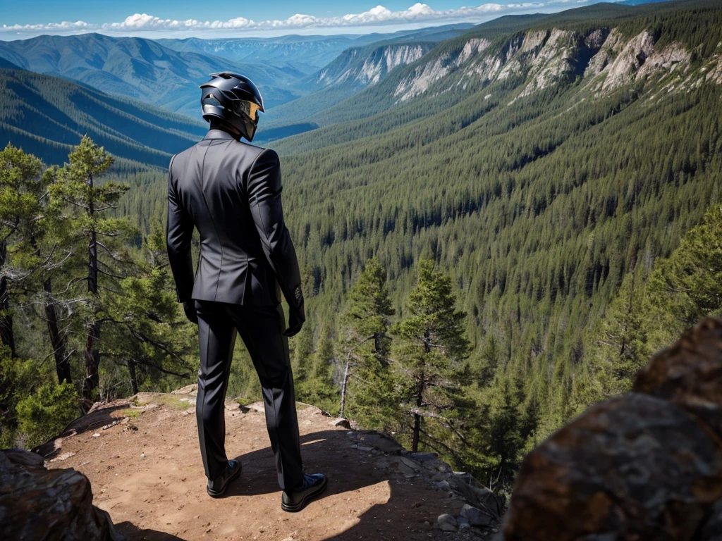 A Luxury Sales Suit man wearing a black rider full-face helmet overlooking wilderness,full body,standard rider black full face helmet,back view of the man, background is a wilderness,a man overlooking wilderness,a man overlooking wilderness,a man overlooking wilderness,a man overlooking wilderness,a man overlooking wilderness,full body,full body,full body,full body,with black rider full-face helmet,with black rider full-face helmet,with black rider full-face helmet,wearing black rider full-face helmet,wearing black full-face helmet,wearing black full-face helmet,overlooking wilderness,overlooking wilderness,Back view,Back view,Back view,Back view,Draw people small,Draw people small,Spectacular views,Spectacular views,Spectacular views,lonely man,lonely man,a black full-face helmet,a black full-face,A Luxury Sales Suit man,with Luxury Sales Suit