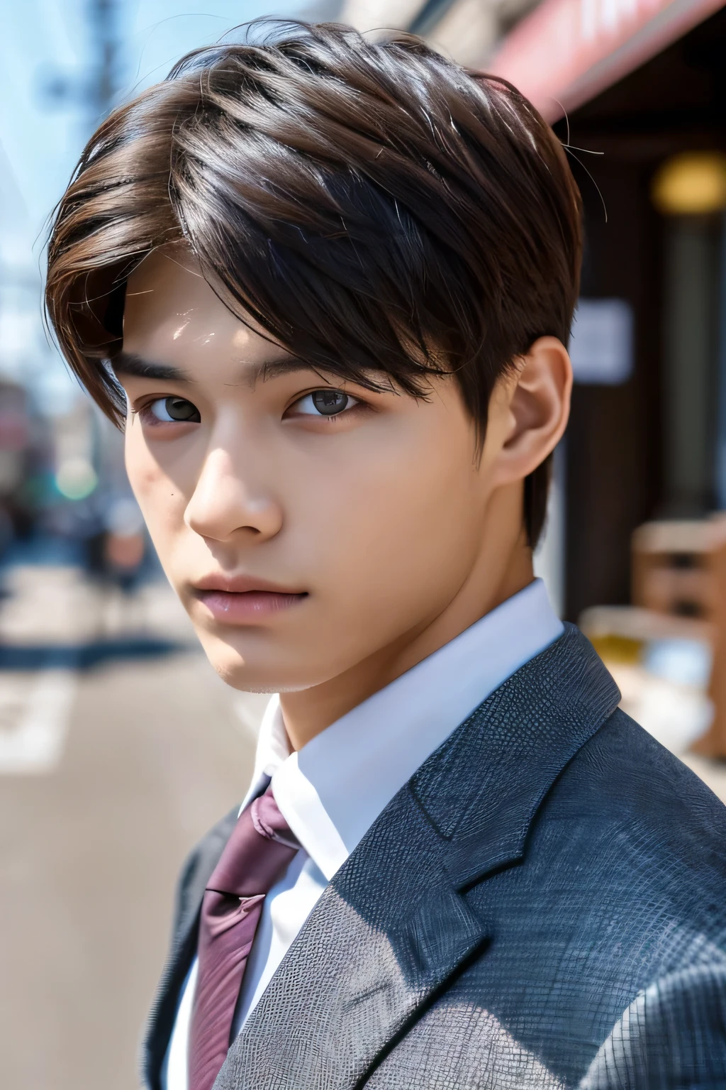 Highest quality, masterpiece, Ultra-high resolution, (Realistic: 1.4), Original photo, wallpaper, Head Photo, skin, Simple Background, Iris, detailed, Selfie, 1 boy, 18-year-old, good looking, Wind,suit、Street Corner