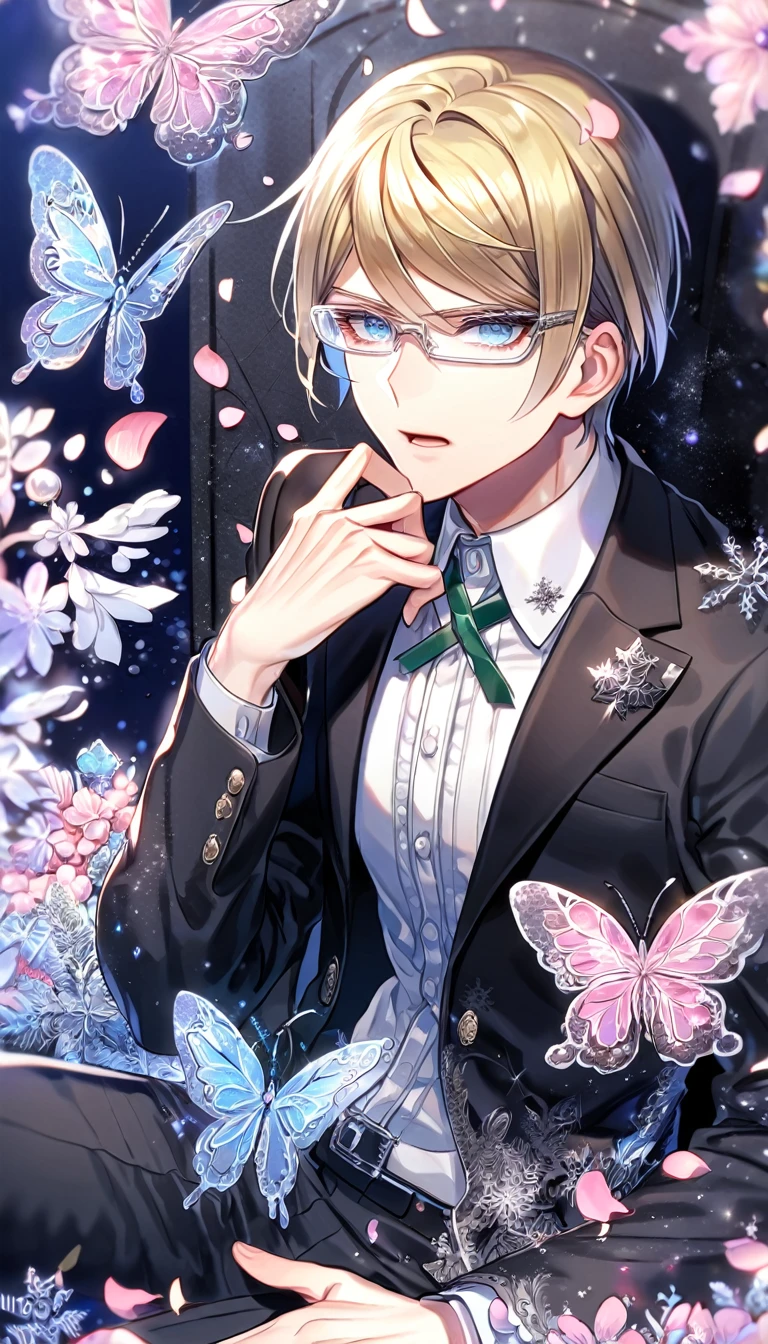 Ultra detailed, HDR, Highres, absurdres, master piece, Togami Byakuya, blonde hair, expressive blue eyes, white glasses, black jacket, white shirt, Danganronpa, handsome, ice glittering butterflies, ice, petals, ice pink glass flowers, glittering, fantasy, magical, snowflakes, cold, solo, sexy man sitting, black pants