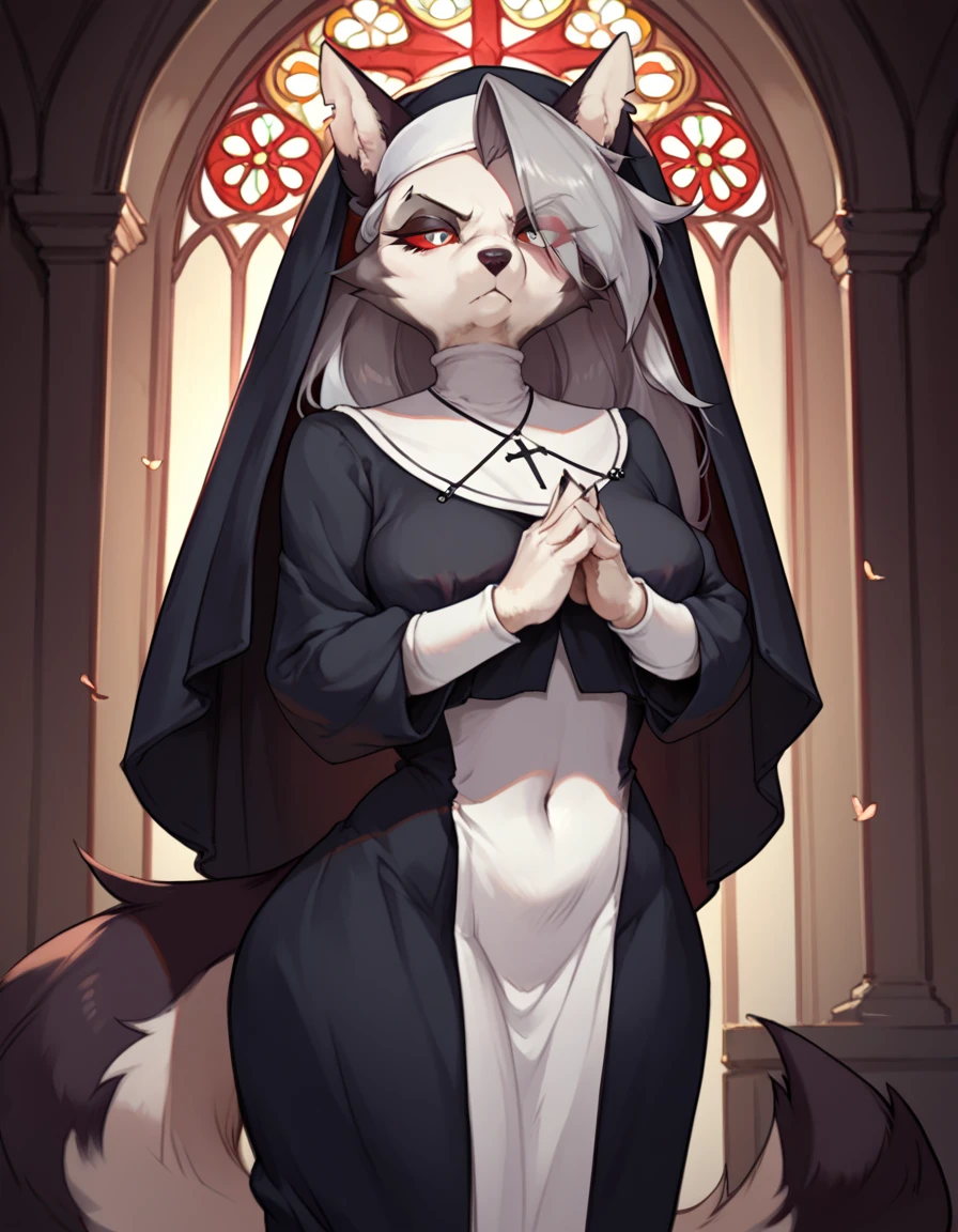 score_9,score_8_up,score_7_up, source_cartoon, kemono style, Anthro furry hellhound, loona from helluva boss, furry body, white eyes, red sclera, she looks serious, wearing nuns outfit, nun hat, nun dress, praying, standing, ina church