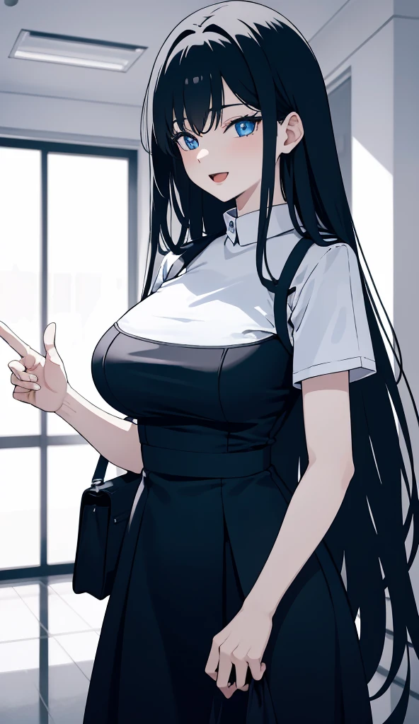 (masterpiece), (best quality), (ultra-detailed), ((girl, 29 years old)), an extremely delicate and beautiful, detailed eyes, minute details, (black hair, long hair, straight hair, hair between eyes), ((big breasts)), smile, open mouth, ((beautiful eyes)), (blue eyes), (upper body), she is wearing a blue dress, (detailed clothes), (detailed background, in a hospital, hospital hallway), (monochrome)