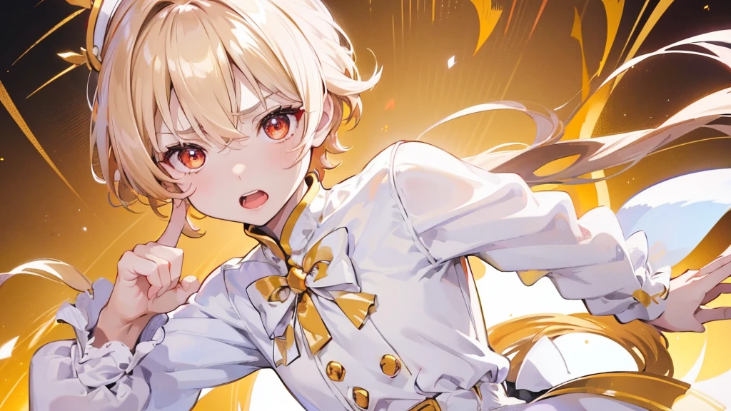 (Highest quality) (4K) (8k) (High resolution) (masterpiece:1.2) (Super detailed) One boy short hair emperor Red eyes Long sleeve Golden decoration Hair between the eyes White Dress Wavy golden hair Upper Body (White Background) front Face close-up Get angry