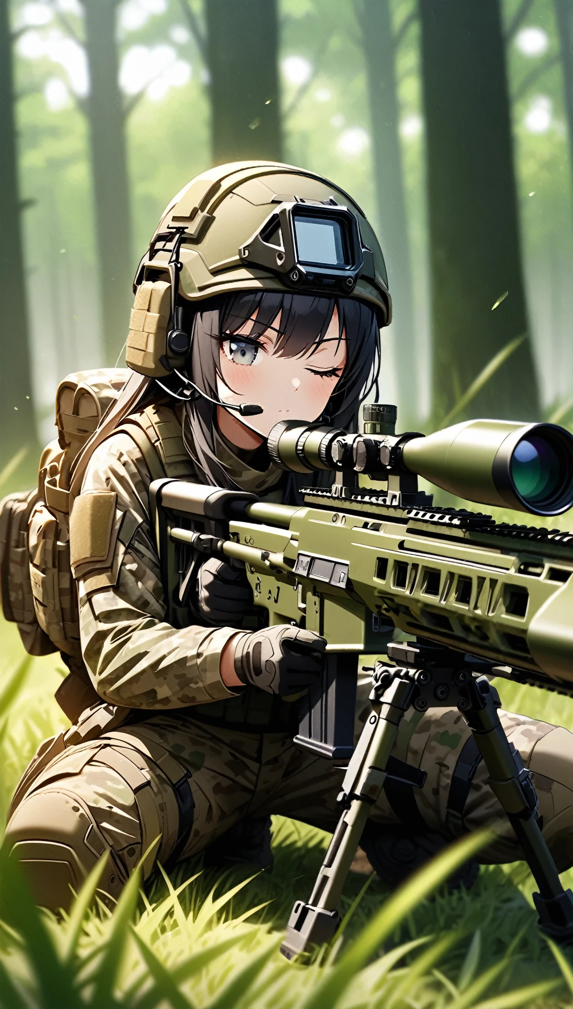 (masterpiece),(Highest quality),(High resolution),(Very detailed),8k,壁紙一人のwoman,woman,Japanese,Black Hair,Short Bob,(Beautiful Eyes,Long eyelashes,Beautiful Hair,Beautiful Skin),Serious,BREAK(((aim at something with a sniper rifle:1.5))),(Look through the scope and take aim:1.5)(Lie down in the grass:1.5),(Close one eye:1.5),((Sniper Rifle)),army camouflage uniform,Bulletproof vest, Combat Boots,Tactical Forster,Tactical Headset,Tactical Helmet,(The background is a dense forest),(((Background Blur)))