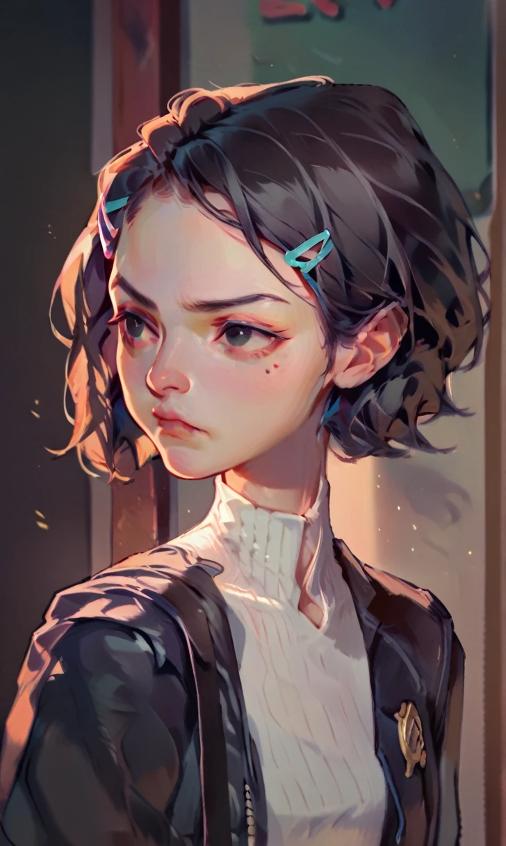 (score_9, score_8_up), score_7_up, score_6_up, score_5_up, score_4_up, Zenko, 1girl, black hair, half-length portrait, hair ornament, hairclip, black eyes, short hair, black leather jacket, white dress, standing, hands behind back, looking away, pout, white socks, black footwear, cheeks, pout, indoors, bedroom, close-up xaxaxa
