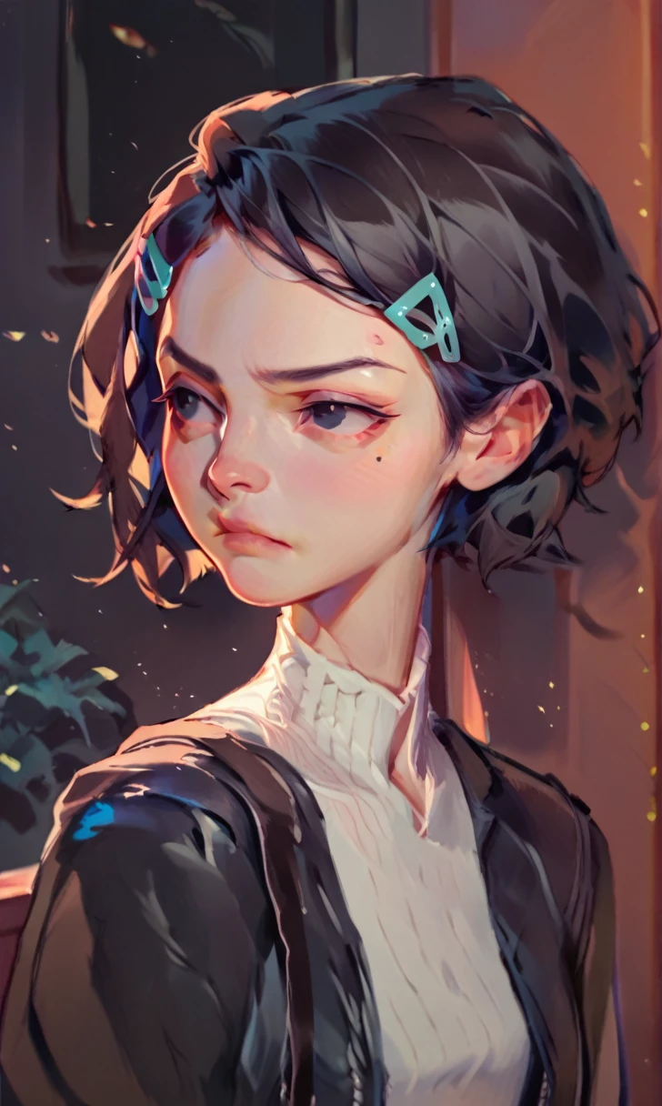 (score_9, score_8_up), score_7_up, score_6_up, score_5_up, score_4_up, Zenko, 1girl, black hair, half-length portrait, hair ornament, hairclip, black eyes, short hair, black leather jacket, white dress, standing, hands behind back, looking away, pout, white socks, black footwear, cheeks, pout, indoors, bedroom, close-up xaxaxa