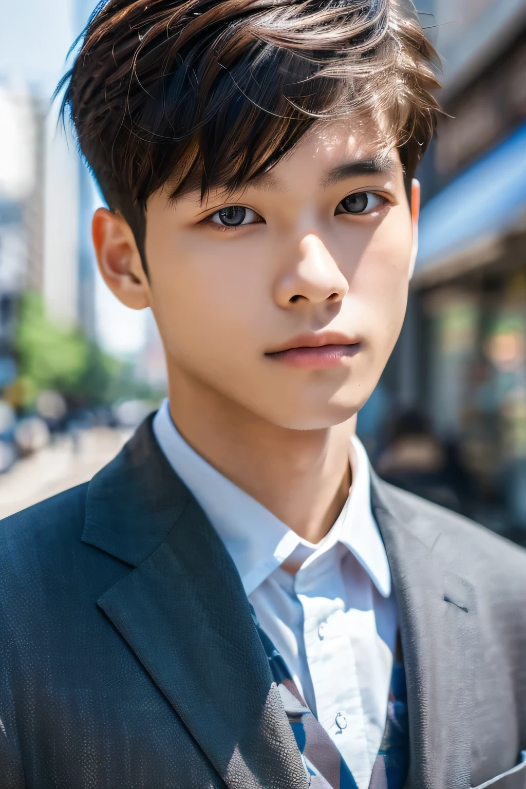 Highest quality, masterpiece, Ultra-high resolution, (Realistic: 1.4), Original photo, wallpaper, Head Photo, skin, Simple Background, Iris, detailed, Selfie, 1 boy, 18-year-old, good looking, Wind,suit、Street Corner