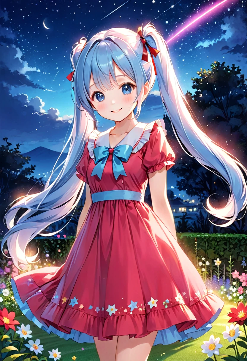 Light blue long hair、Beautiful girl with twin tails、The dress has a cute big red ribbon、Pink Dress、Bright smile、Night Sky、Moonlit Night、shooting star、Face Highlights、A lawn garden with lots of flowers blooming