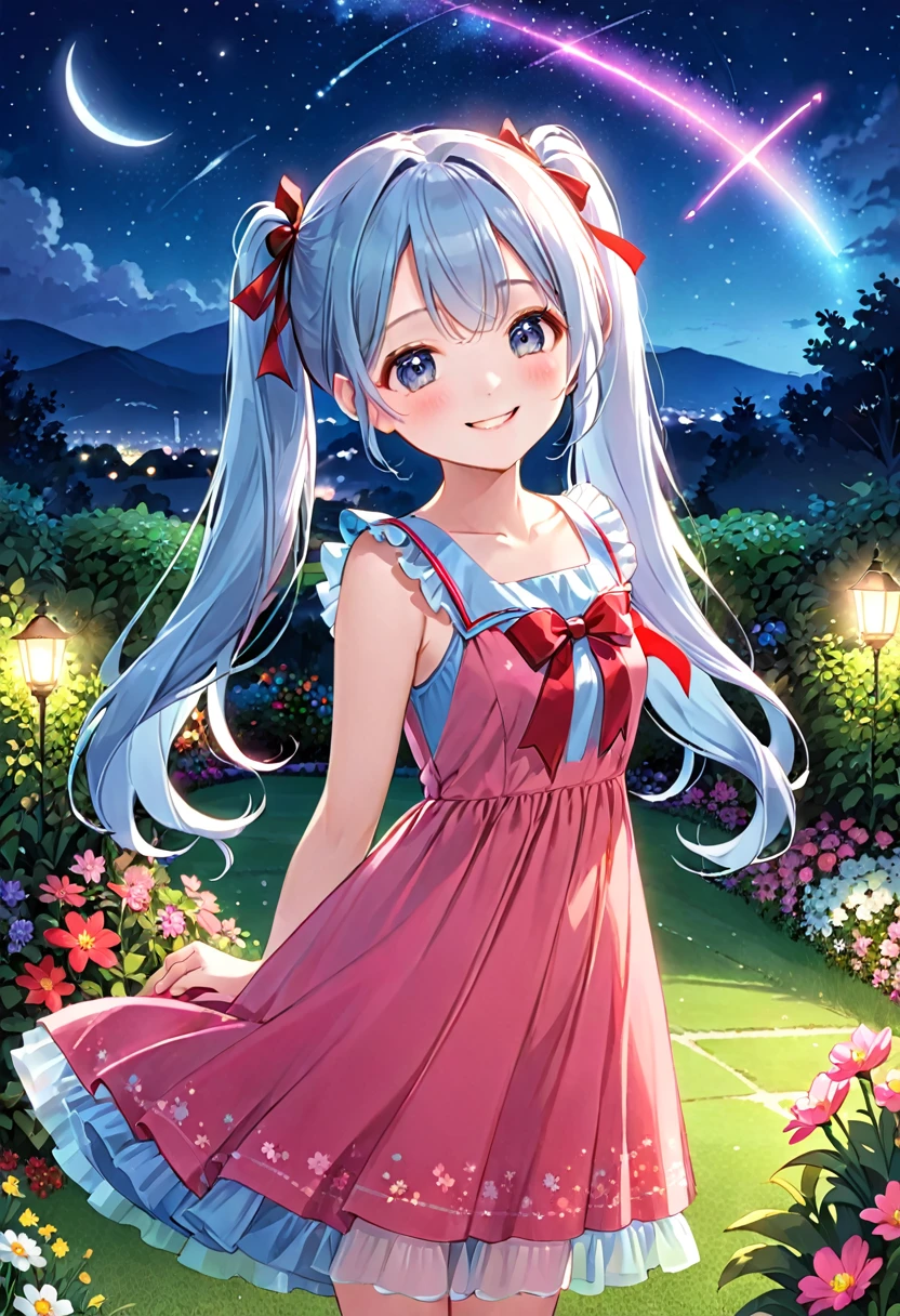 Light blue long hair、Beautiful girl with twin tails、The dress has a cute big red ribbon、Pink Dress、Bright smile、Night Sky、Moonlit Night、shooting star、Face Highlights、A lawn garden with lots of flowers blooming